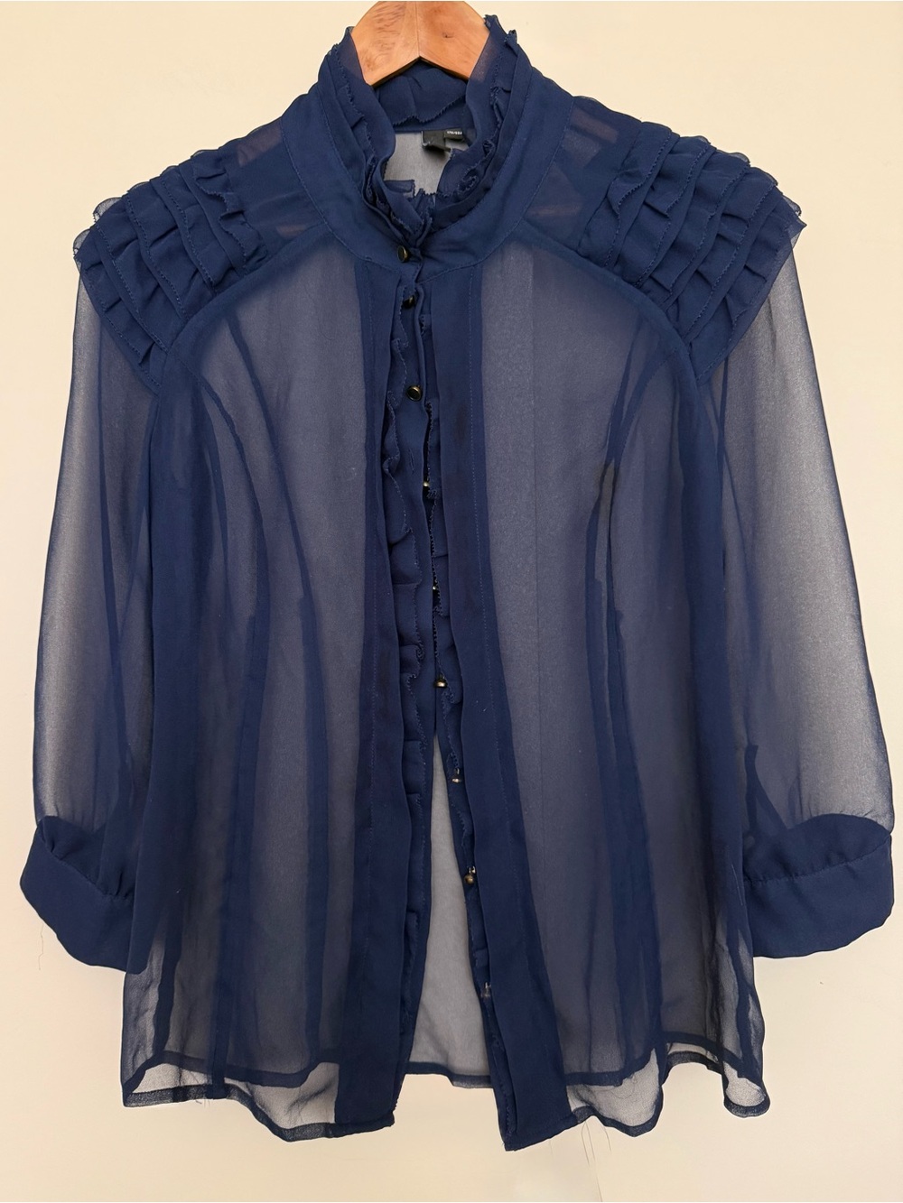 Vero Moda Dark Academia Sheer Navy Blue High Neck Ruffle Button front Blouse S/M